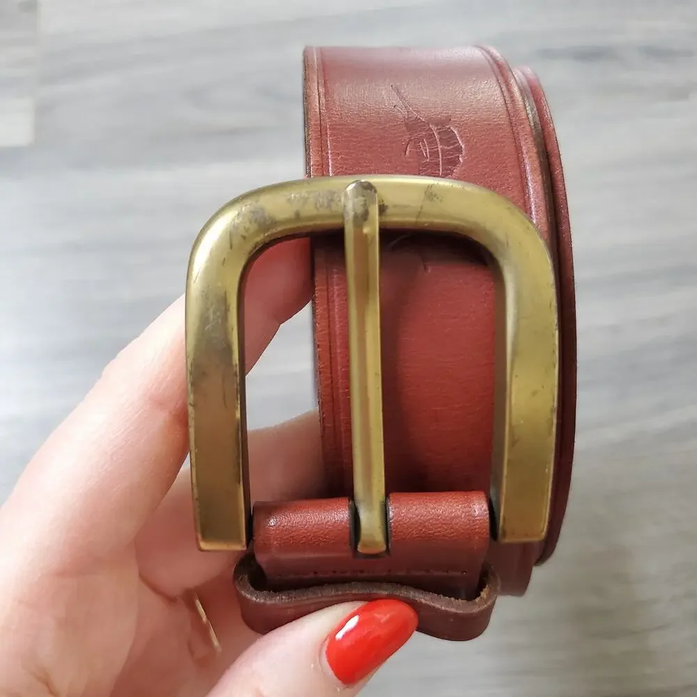 Tommy Bahama Belt Mens 32 Brown Leather Marlin Brass Buckle Genuine Top Grain